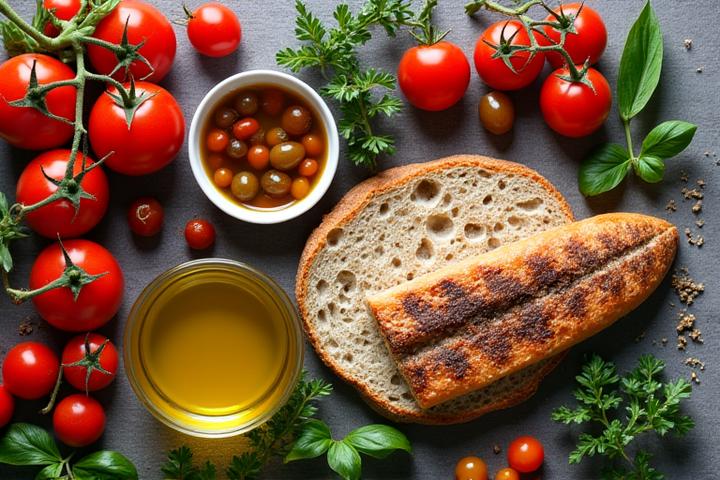 Πλούσιο τραπέζι με ελληνικά προϊόντα: φρέσκα λαχανικά, ελαιόλαδο, φέτα, ψάρι και όσπρια, με μοντέρνα, καθαρή αισθητική.