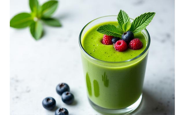 Γυναίκα που χαμογελάει ενώ πίνει πράσινο smoothie