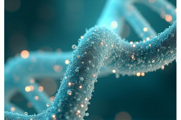 Γραφική αναπαράσταση DNA και κυτταρικών δομών σε μπλε-πράσινους τόνους, συμβολίζοντας την επιστήμη της μακροζωίας.